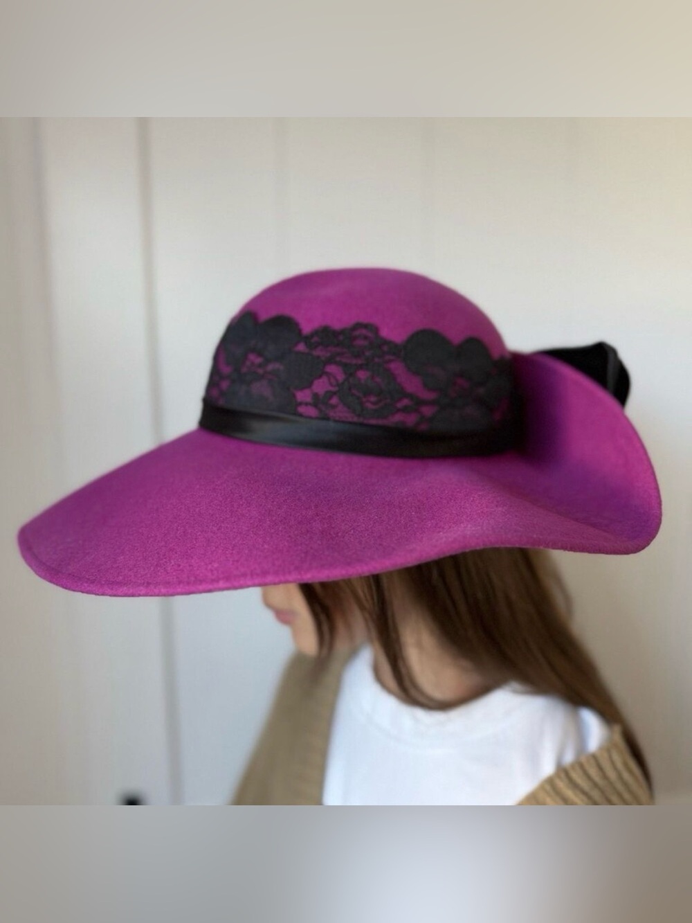 VTG 80s Deadstock Michael Howard Fuchsia Wool Fedora Hat Lace Satin Bow USA NOS